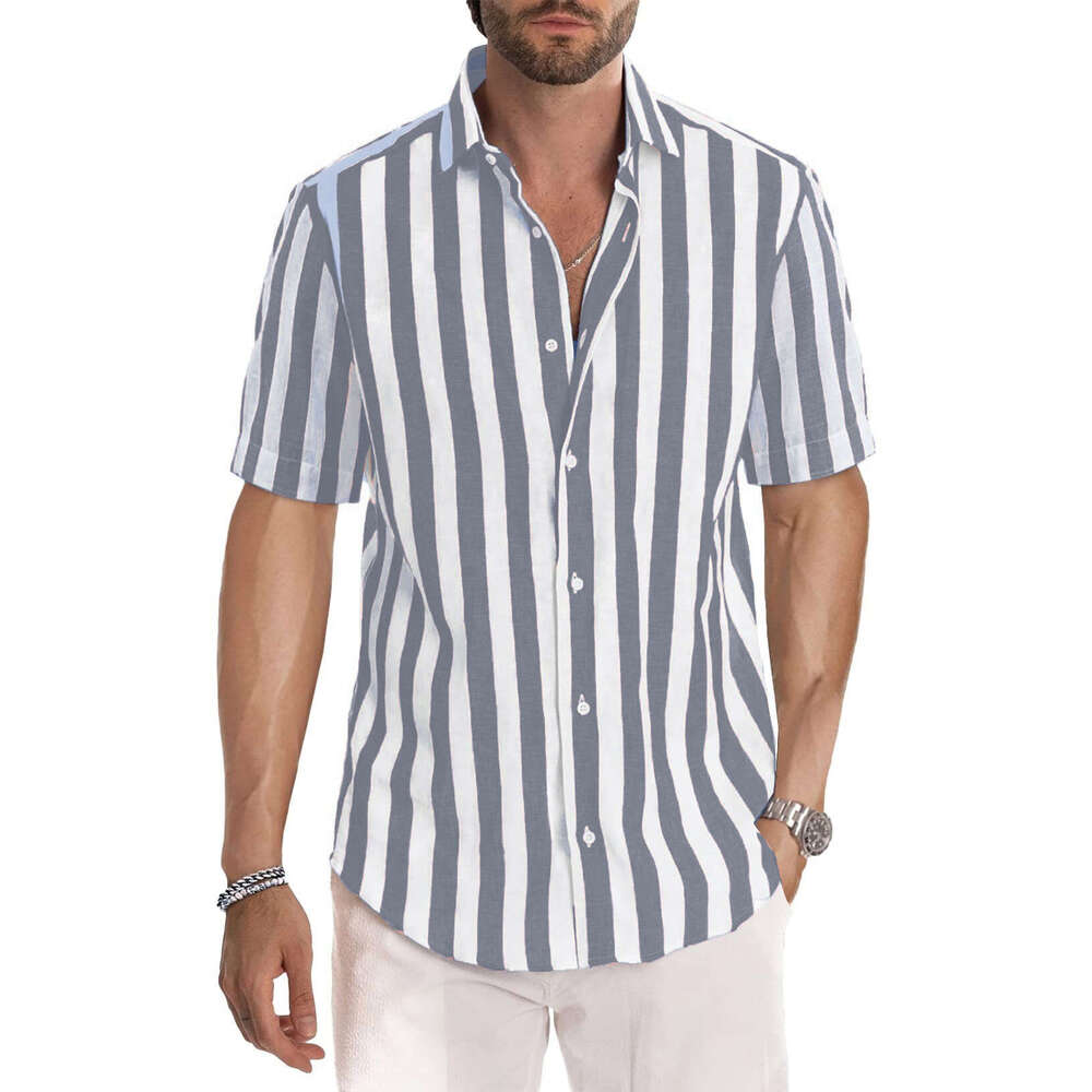 Ins Summer European and American Men's Beach Color Weaving Striped Collar Short Sleeve Shirt 2025 New Casual Fashion Trendy Clothing