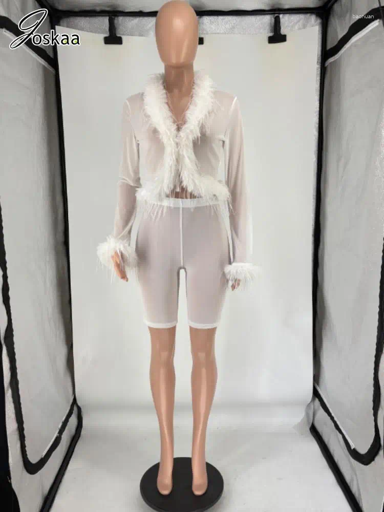Womens Tracksuits Joskaa Sexy 2 Piece Sets Women Full Sleeve Fluff Collar Lace-Up Crop Tops And Shorts Matching 2025 Summer Coquette Club