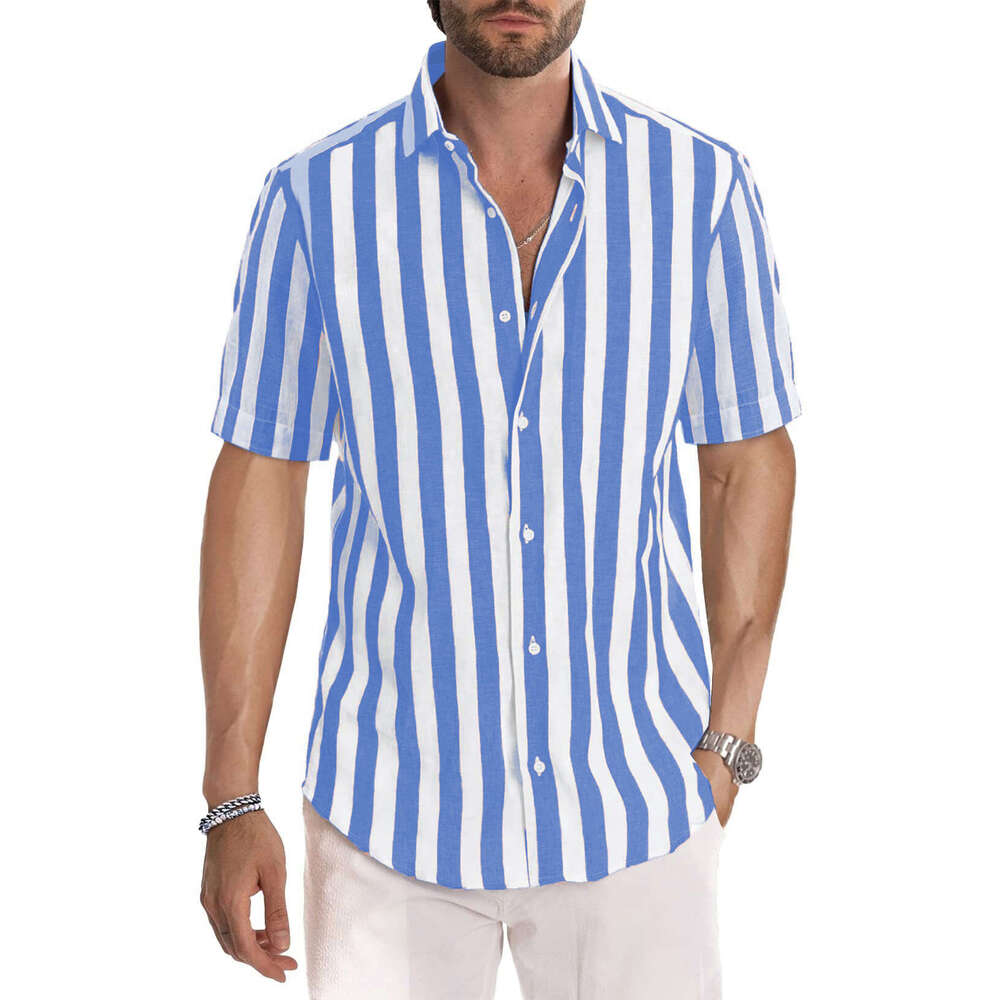 Ins Summer European and American Men's Beach Color Weaving Striped Collar Short Sleeve Shirt 2025 New Casual Fashion Trendy Clothing