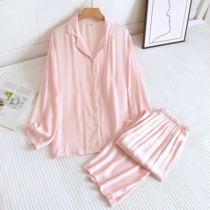High quality satin cotton couple sleepwear womens spring and summer thin solid color home clothes mens long sleeved pants set 240827