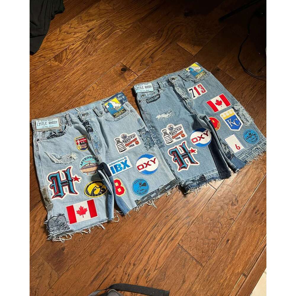 Shorts Men Women Hip Hop Cartoon Pattern Patchwork Embroidery Denim Shorts Retro Blue Baggy Gym Short Y2k Street Basketball Jorts Jeans