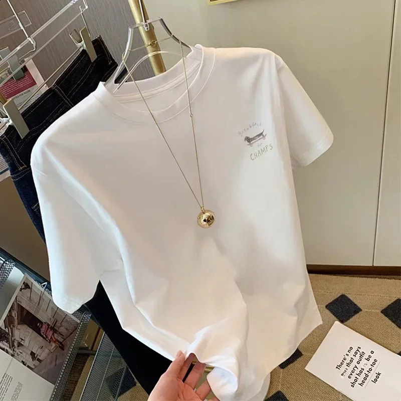 Womens Korean style white short sleeved Tshirt womens summer loose n retro casual toplevel clothing 250324