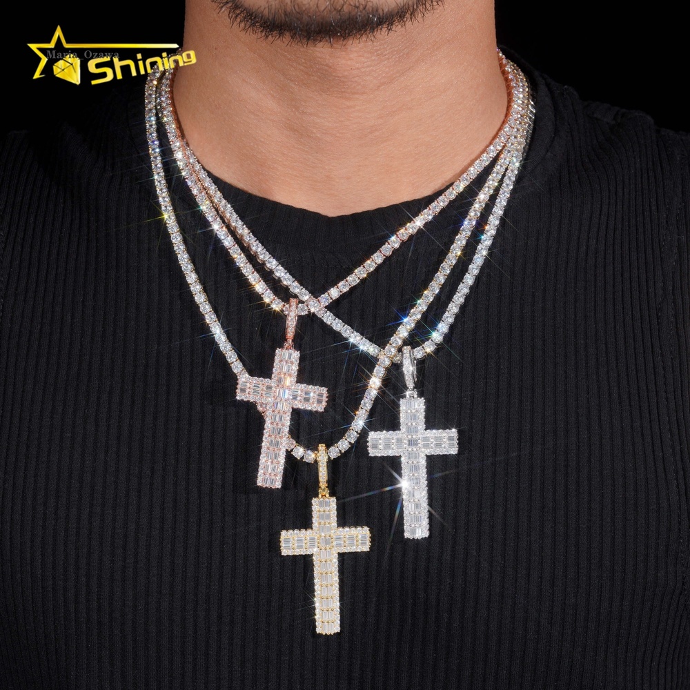 Custom Made Shining Baguette Diamond 925 Silver Cross Mens Hip Hop Iced Out Moissanite Pendant