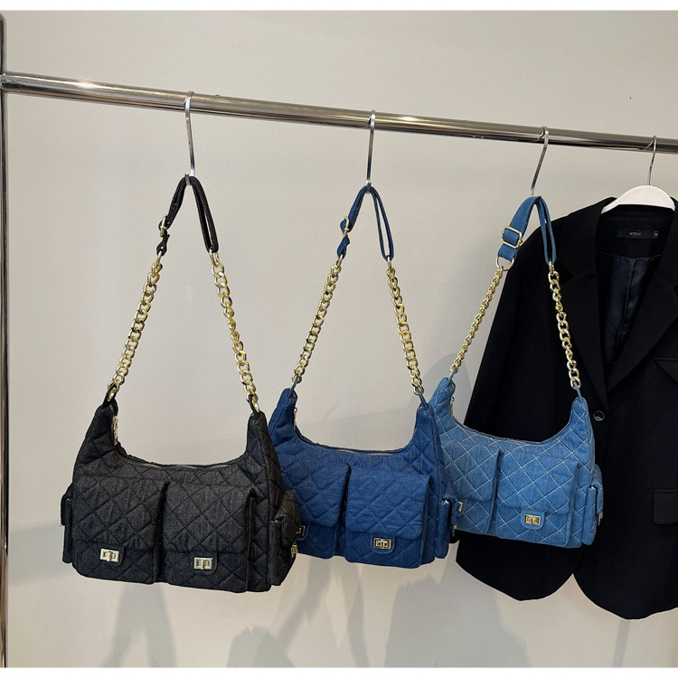 Xiaoxiangfeng diamond grid chain women's 2025 new multi pocket shoulder crossbody washed denim armpit bag