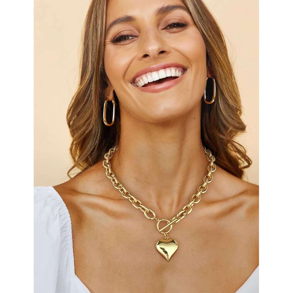 for Women Puffy Pendant White Gold Thick Chunky Chain k Necklaces Heart Coin Choker Necklace