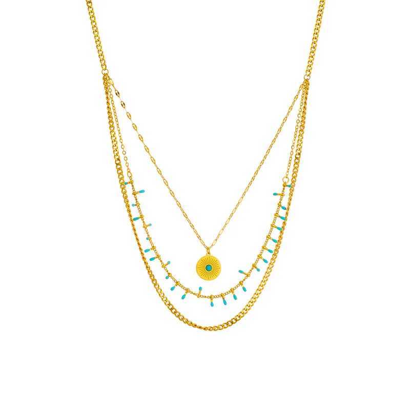 OIMG 316L Stainless Steel Gold Plated Retro Multilayer Turquoise Round Necklace For Women Girl Blue Evil Eyes Jewelry Rustproof Z250331