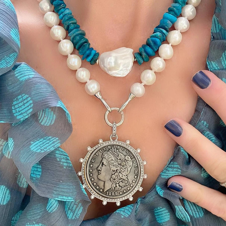 Thick Pearl Retro Large Coin Pendant Necklace Clavicle Chain Necklace Female Punk Necklace Aesthetic Jewelry Gift 250328