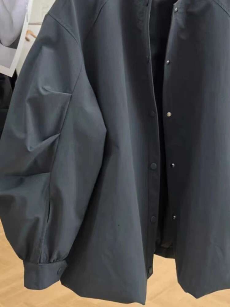 Lautaro Spring Autumn Elegant Chic Gray Jacket Women Long Sleeve Stand Collar Loose Designer Korean Style Clothing 2024