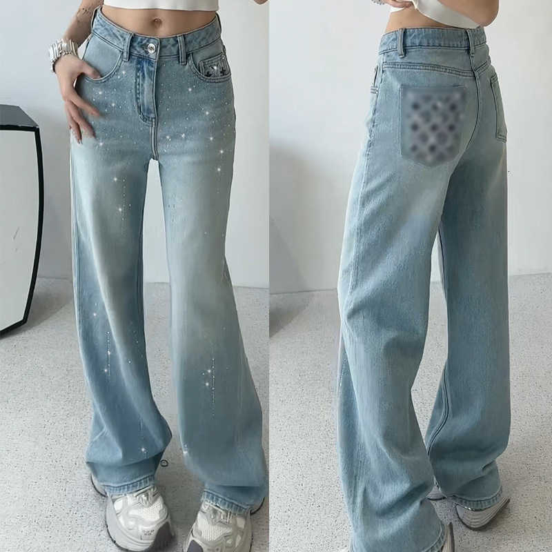 designer jeans 2025 Spring New Heavy Industry Diamond High Waist Straight leg Jeans for Women, High Quality Wide Leg Floor Pants