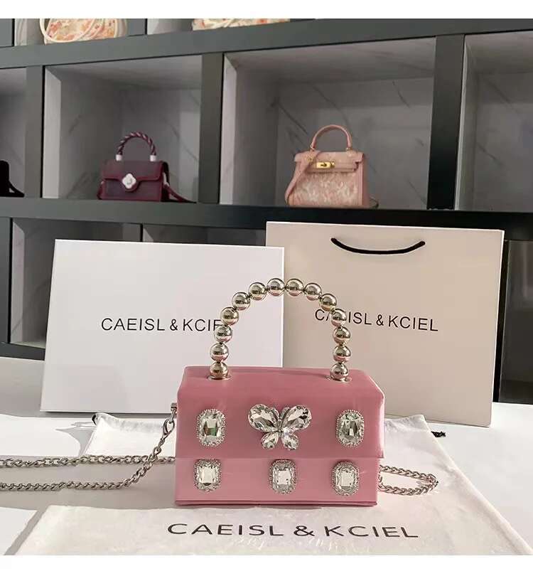 High Quality Satin Square Box Women Handbag Crystal Shiny Rhie Dia Evening Dinner Party Clutch Purse Messenger Bag