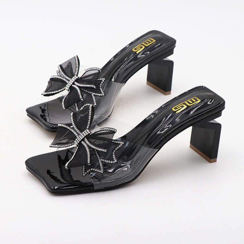 Heel Sandals Korean Version Summer New Coarse Heel Bow Semi Transparent Rhinestone Women S Shoes Wearing High Heels And Straight Sandals For Women