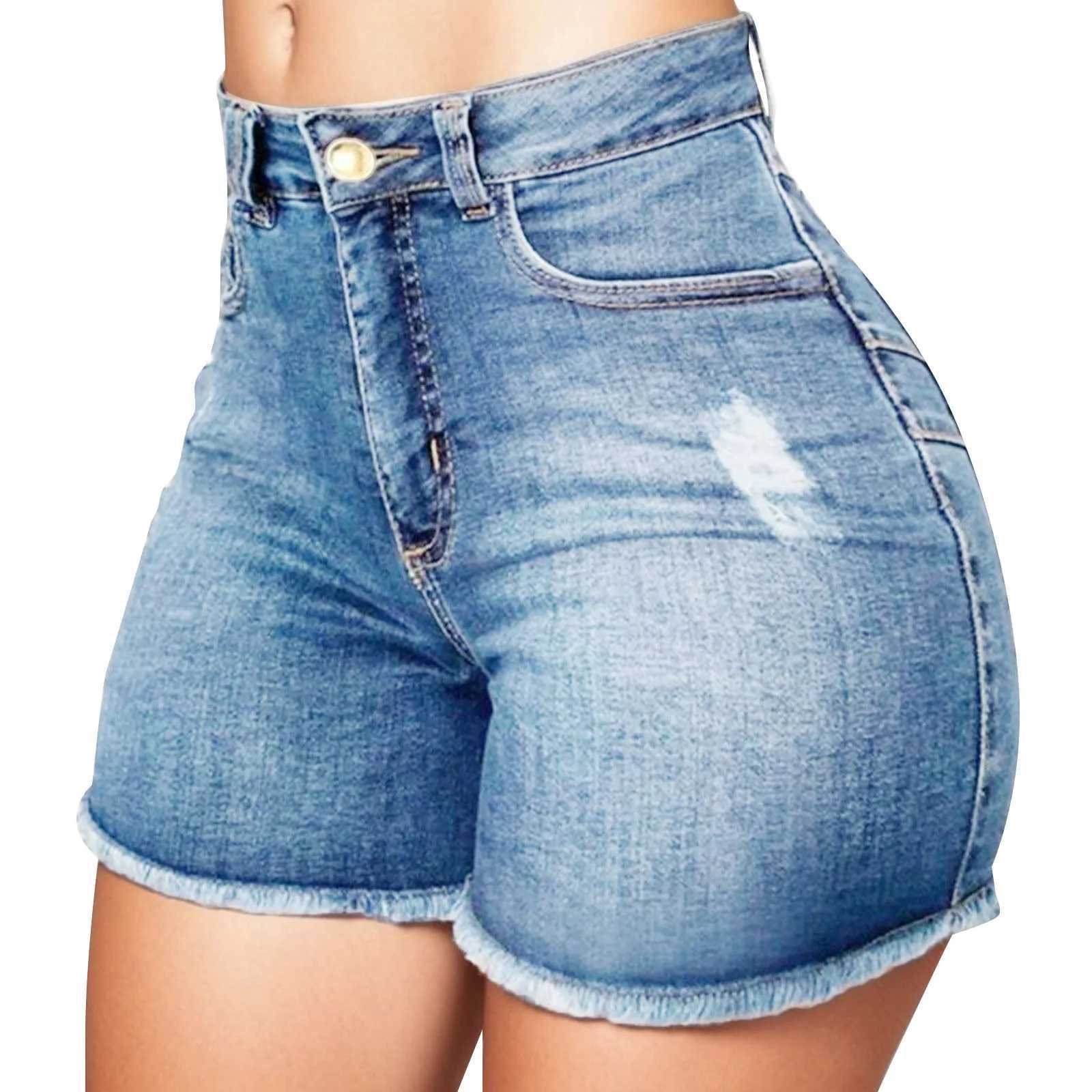 Hot Pants Sexy Women High Waist Denim Shorts Raw Edge Wrapped Hip Stretchy Shorts Summer Retro Ripped Jeans Solid StrtwearC250327