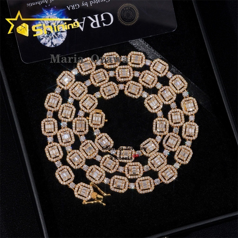 8MM Halo Diamond Style Iced Out Baguette Moissanite Diamond Iced OutTennis Link Chain Necklace