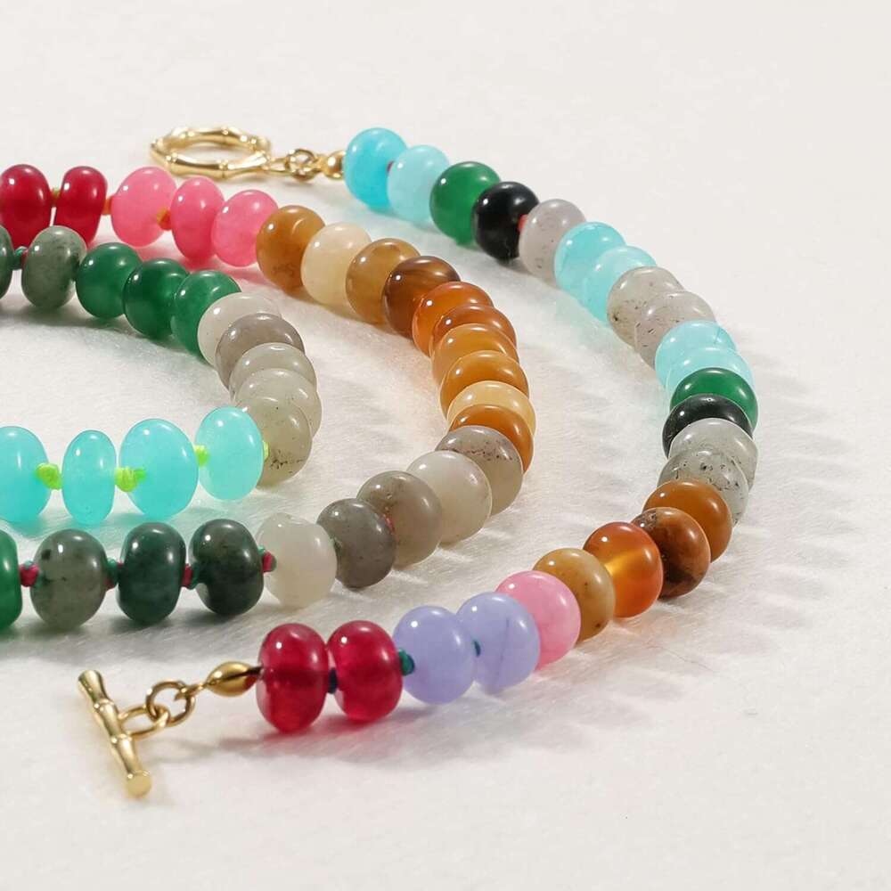 Beaded Gemstone for Women, Colorful Boho Bead Choker Natural Stone Freshwater Pearl Surfer Beach Necklace 14K Gold Plated Summer Handmade Jewelry Gift