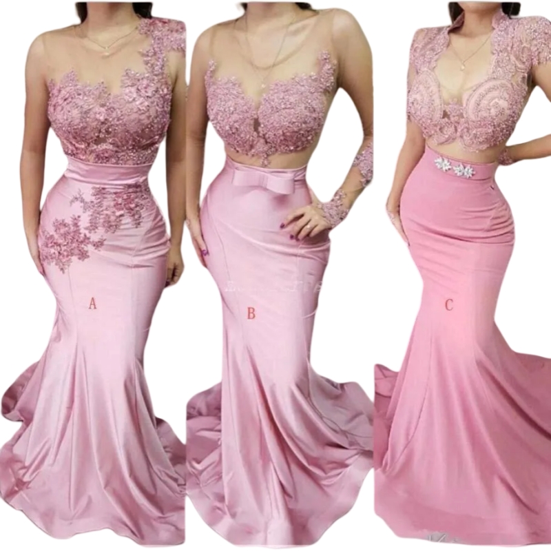 3 Styles Pink Mermaid Bridesmaid Dresses Lace Appliques Long Satin Wedding Guest Gowns Illusion Sleeve Stylish Prom Party Dress 2025