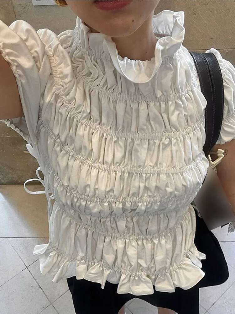 Fashion Ruffles Women Solid Blouse 2025 New Straps Stand Neck Short Sleeve Layered Shirt Spring Female Commute High Street Top