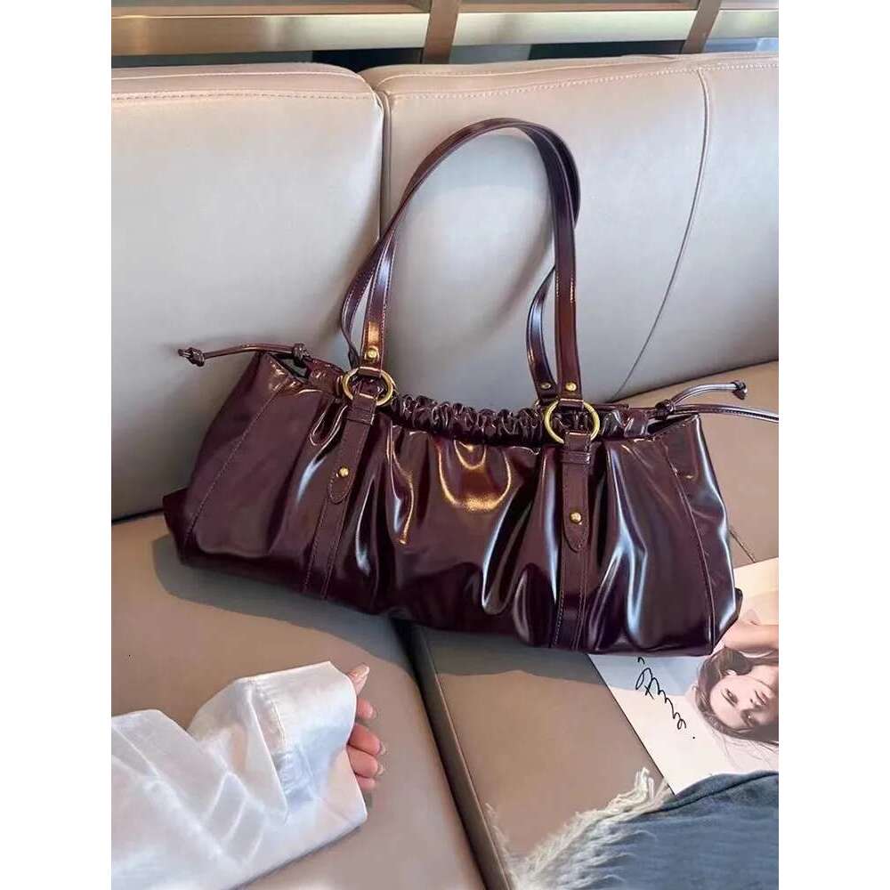 Women's Bags Elegant Women Underarm Pleated Hasp Hobos Office Ladies Work Shoulder Bag Vintage Cow Split Leather Bags New Totes Handbag