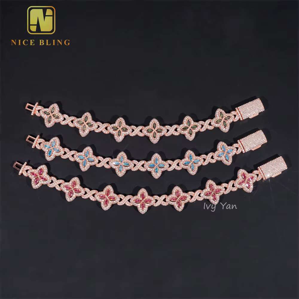 Rich Color Luxury Flower Design 18mm Custom Iced Out Hip Hop Unisex Jewelry Cuban Link Chain 925 Silver VVS Moissanite Bracelet