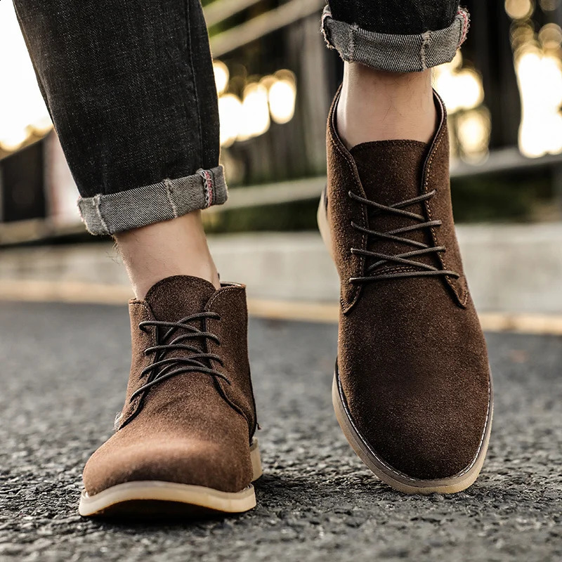 British style brown mens suede leather boots comfortable Chelsea boots mens lace ankle boots mens botas para hombre 250326