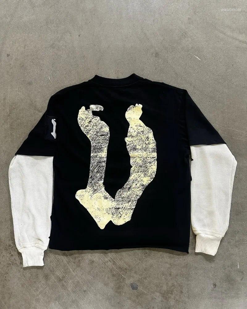 Men's T Shirts 2025 American High Street Fashion Spliced Long Sleeve Men Harajuku Retro Letter Cartoon Printed Super Large T-shirt Women