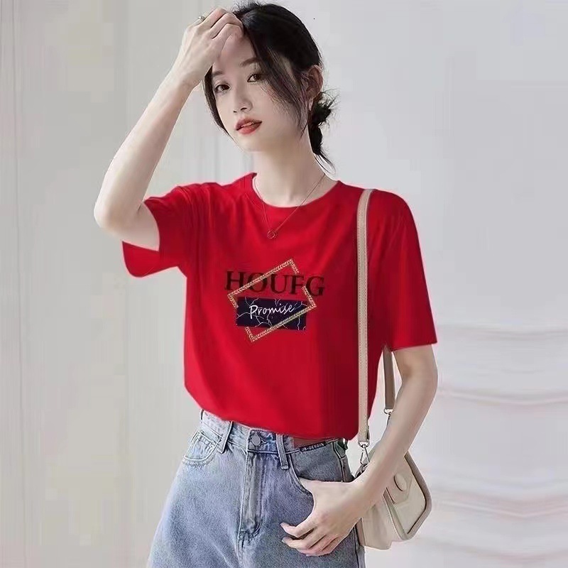 Designer women's T-shirt with pure cotton short sleeves for the summer of 2025Korean version loose round neck top, printed versatile plus size tr