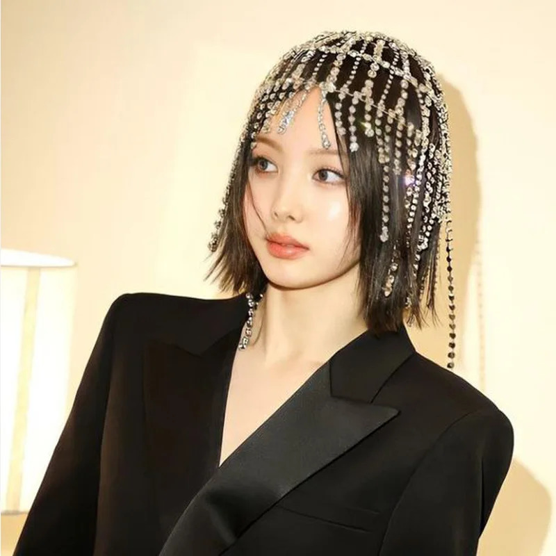 Fashion Style Full Rhinestone Inlay Fringe Mesh Hair Accessories Stage Catwalk Headwear250403