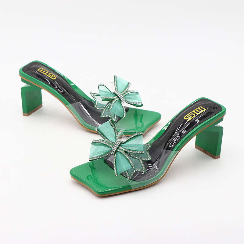Heel Sandals Korean Version Summer New Coarse Heel Bow Semi Transparent Rhinestone Women S Shoes Wearing High Heels And Straight Sandals For Women