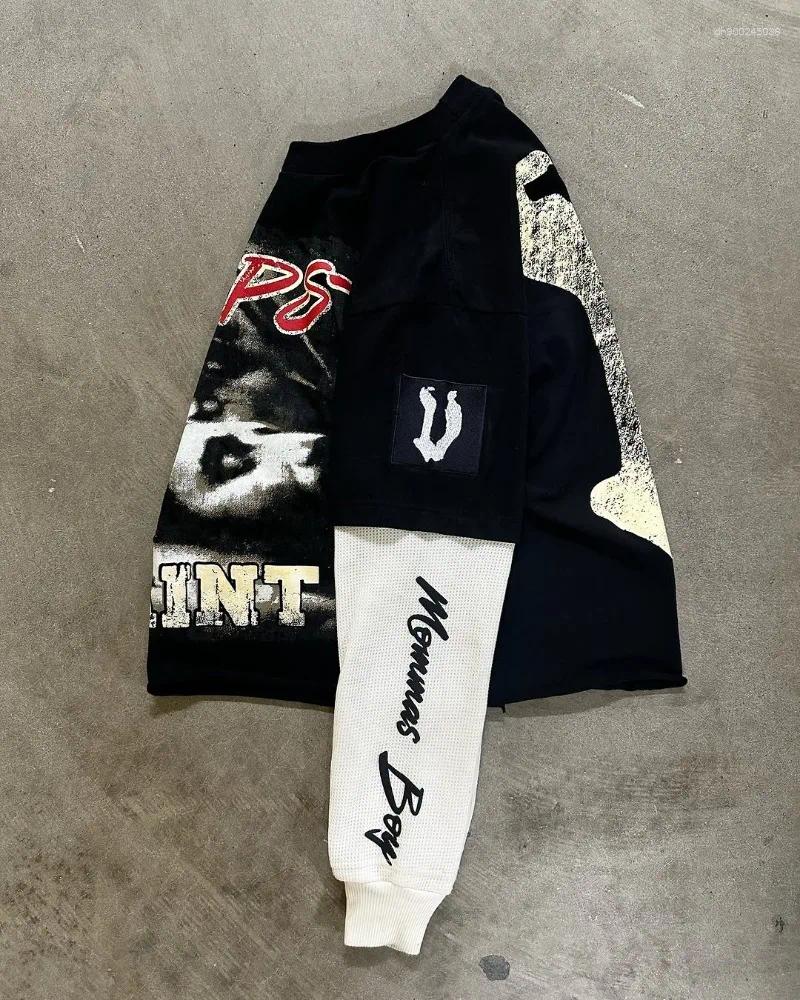 Men's T Shirts 2025 American High Street Fashion Spliced Long Sleeve Men Harajuku Retro Letter Cartoon Printed Super Large T-shirt Women