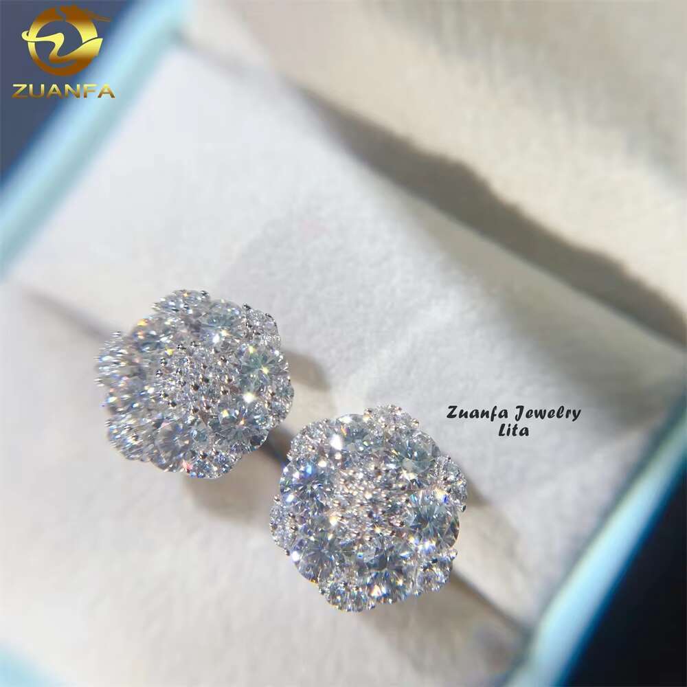 High Quality Big VVS Diamond Hip Hop Iced Out Silver 925 Flower Stud Moissanite Earrings