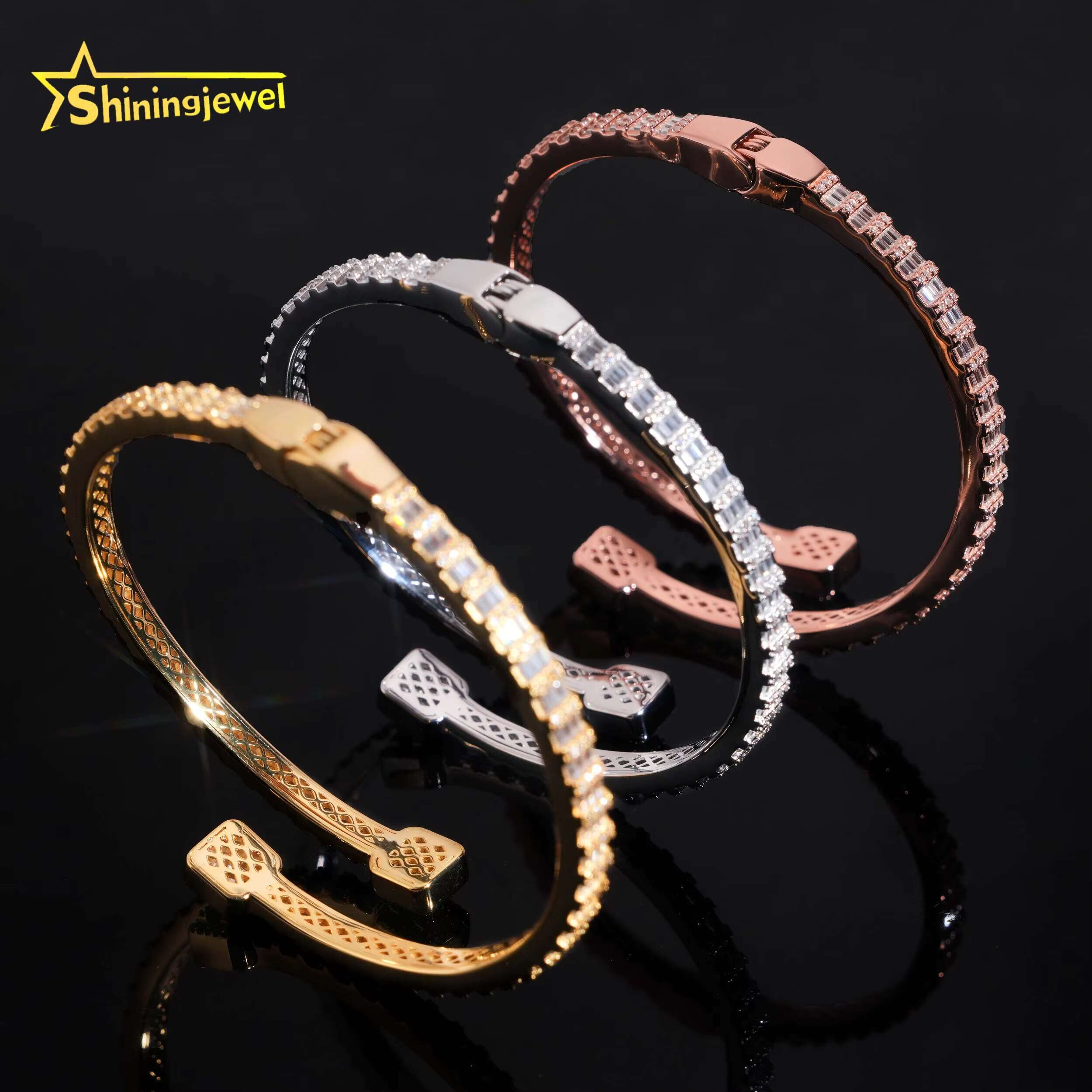 Worldwide Shipping Fine Jewelry Trendy S925 Silver Gold Plated VVS Baguette Moissanite Diamond Bangle Bracelet