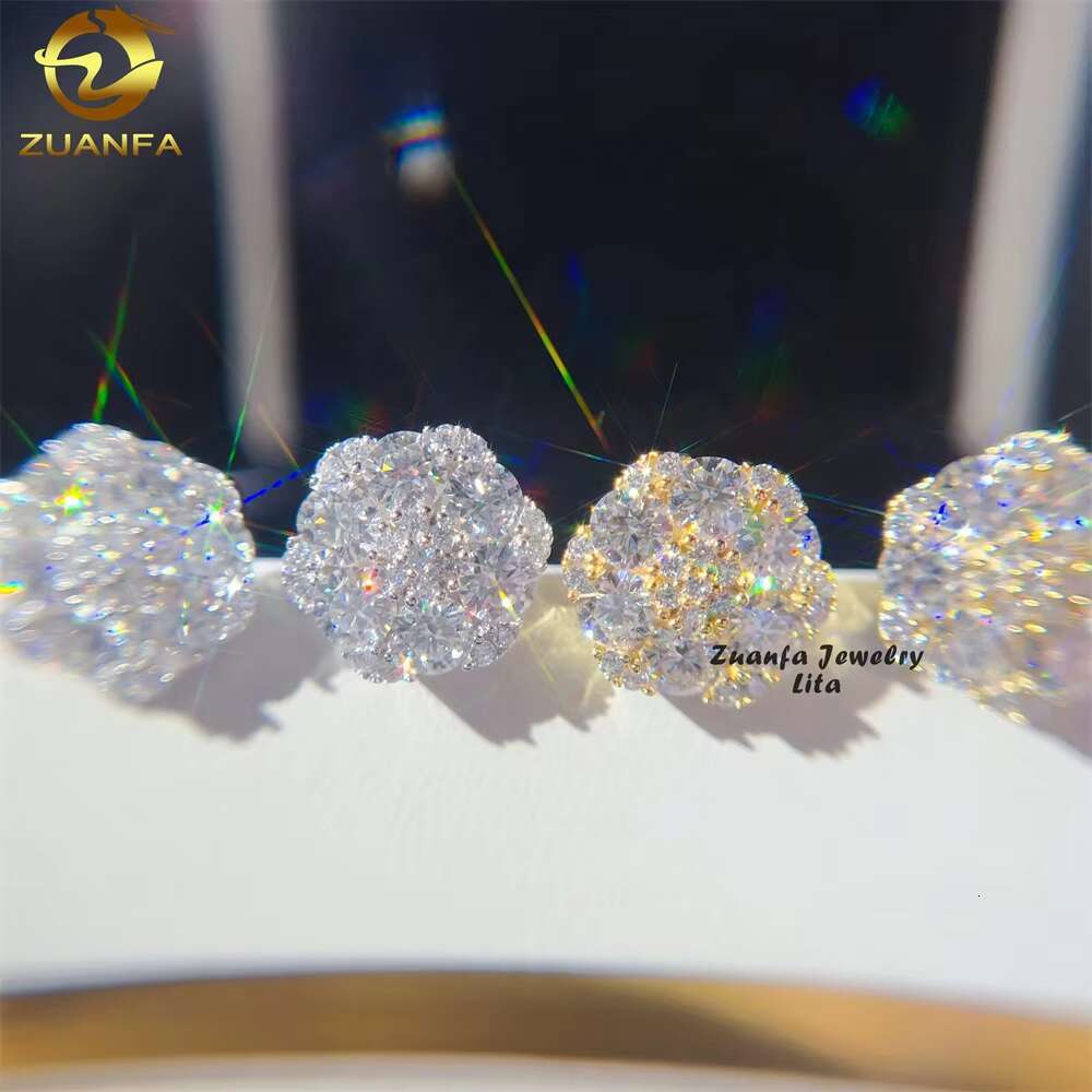 High Quality Big VVS Diamond Hip Hop Iced Out Silver 925 Flower Stud Moissanite Earrings