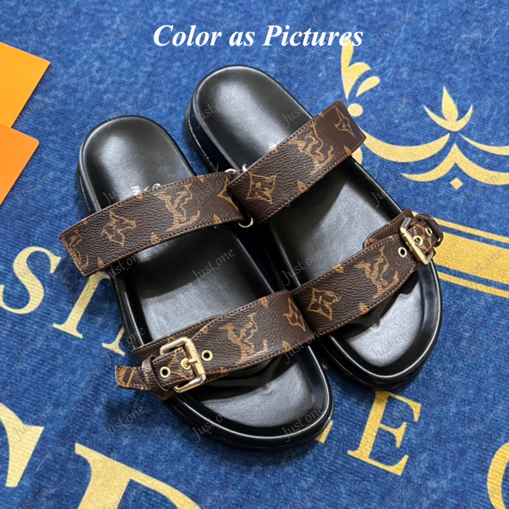 Designer sandals women luxury slides slippers casual platform buckle sandal mules shoes summer beach sliders genuine leather ladies flats brown