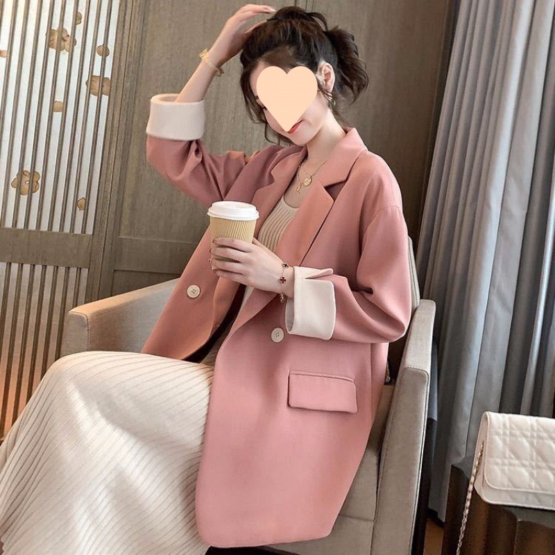 M3301Chic Female Korean Inspired Lightweight Pink Two-Piece Set Casually Stylish Double-Breasted Coat for Students
