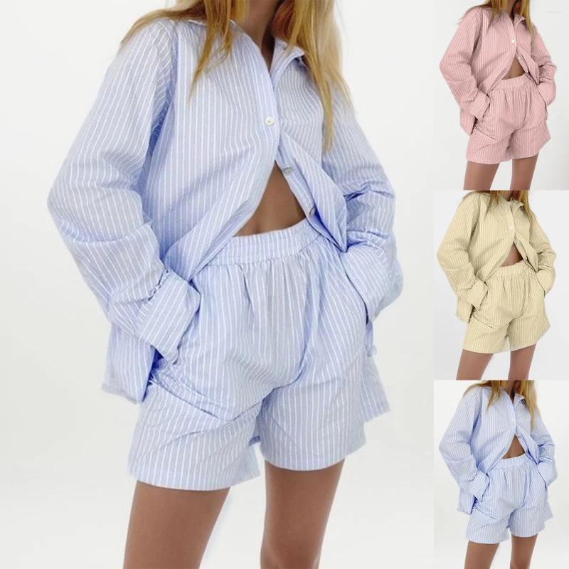 Womens Tracksuits Loungwear Tracksuit Women Shorts Set Stripe Long Sleeve Shirt Tops And Loose High Waisted Mini Two Piece 2025