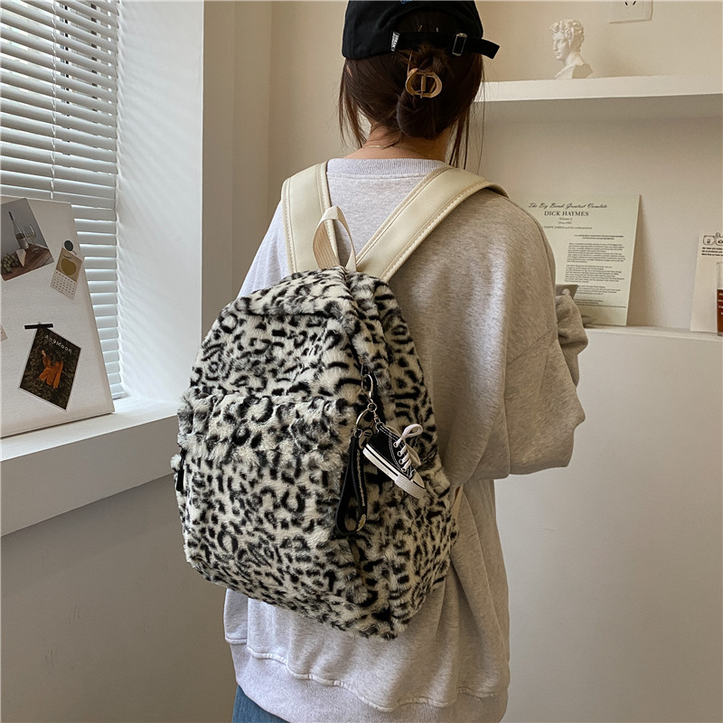 Fashion backpack leopard print plush bag female simple commuter student schoolbag female bag
