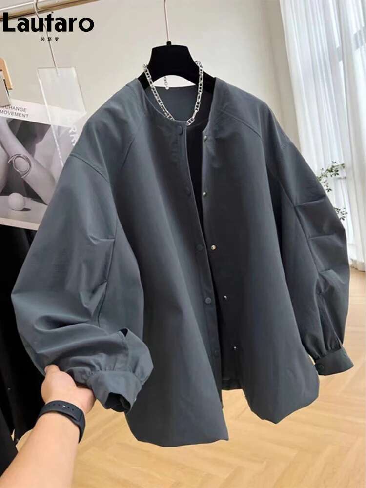Lautaro Spring Autumn Elegant Chic Gray Jacket Women Long Sleeve Stand Collar Loose Designer Korean Style Clothing 2024