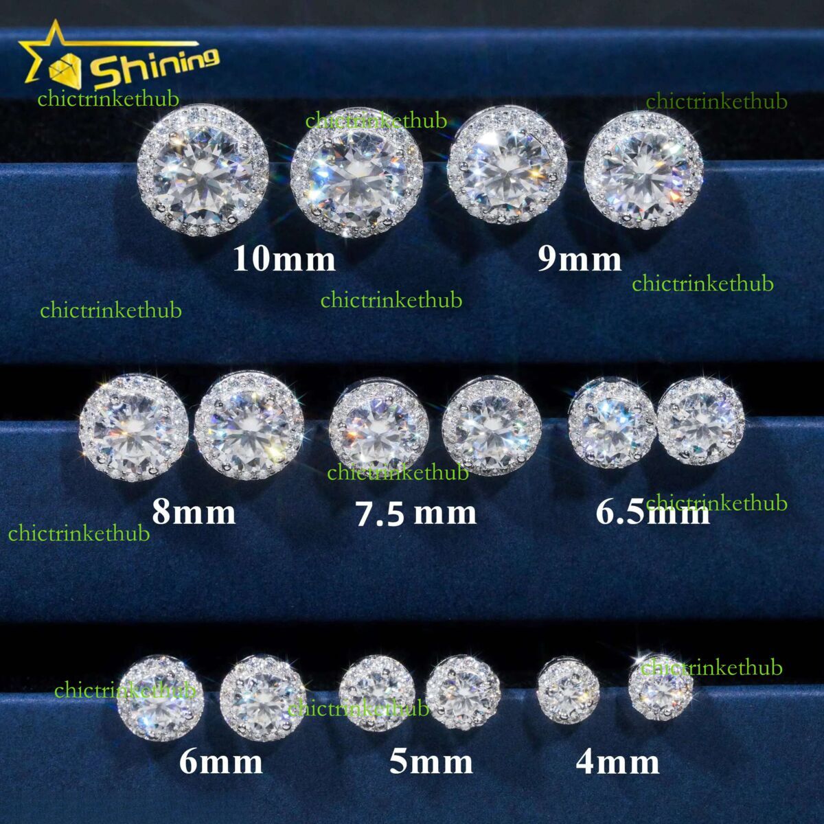 Hot Selg Hip Hop Style 6.5MM 8MM 9MM Sier Halo Design Moissanite Dia Stud Earrings