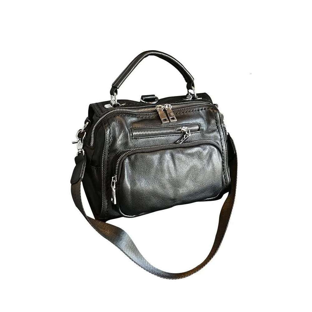 Women's Bags Black Genuine Leather Women Handbag Fashion Zipper Cowhide Totes Single Shoulder Simple Solid Color Casual Crossbody Bags