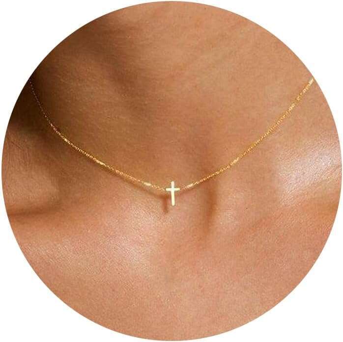 Dainty Necklace Women, 14K Plated Simple Choker Small Cross Pendant Tiny Cute Necklaces Handmade Aesthetic Gold Jewelry for Women