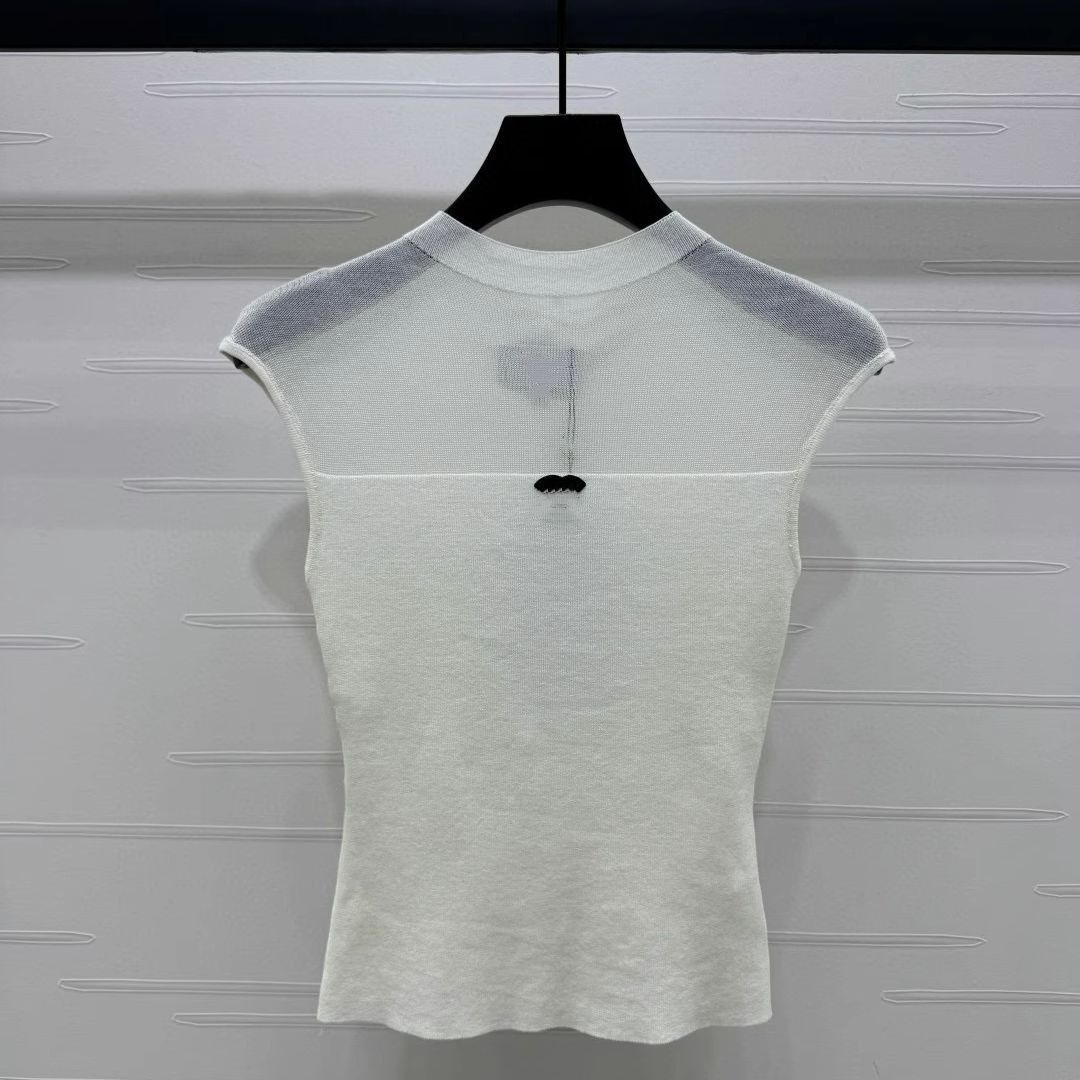 Women sexy stand collar perspective gauze patched designer knitted vest logo embroidery slim waist tanks top SMLXLXXL