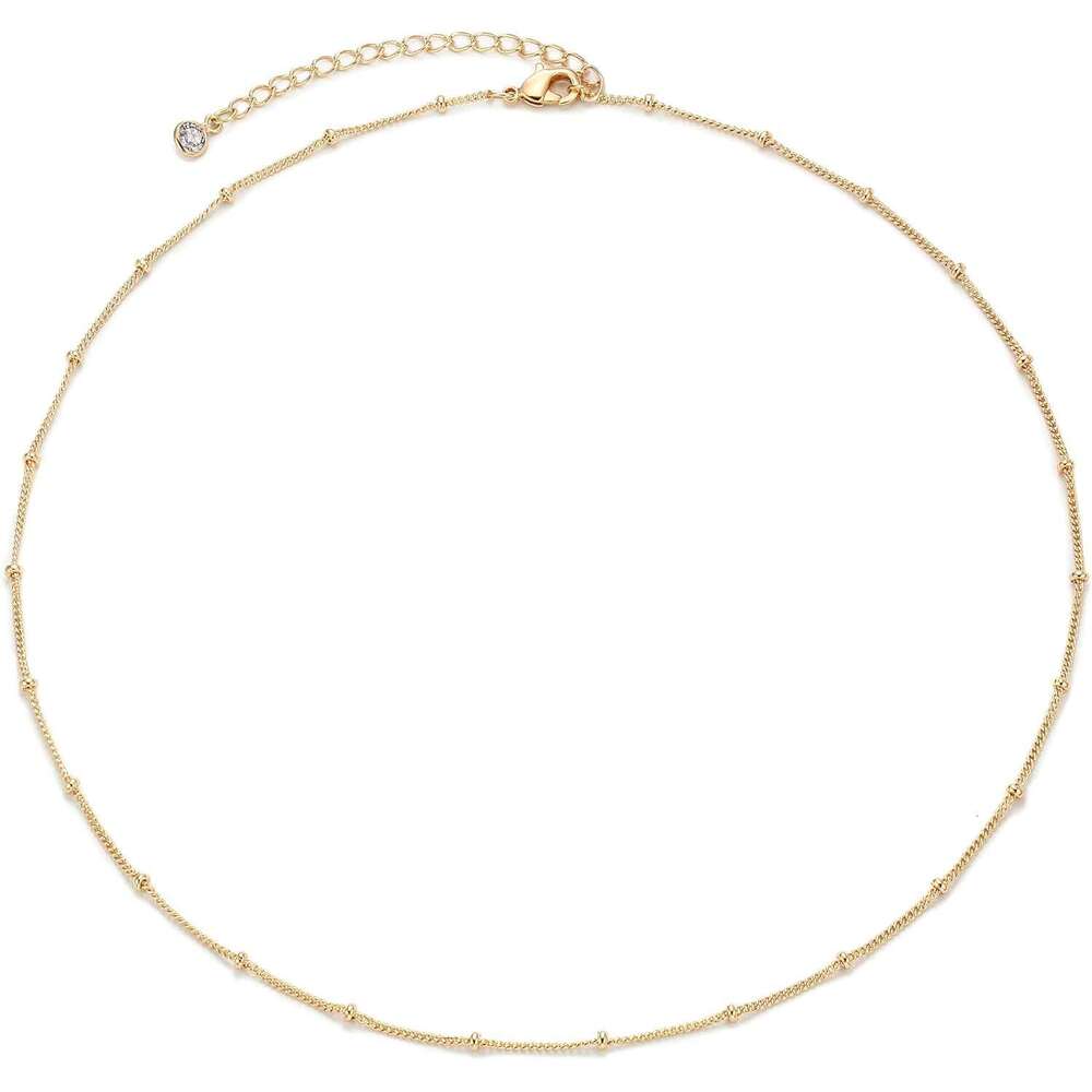 Dainty Chain 14K Gold Plated Handmade Boho Cute Tiny Beaded k Delicate Simple Minimalist Choker Necklace for Women