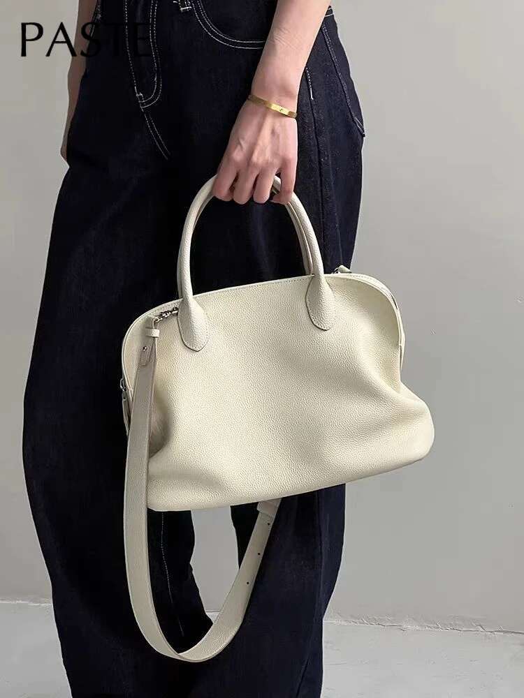 White Soft Large Capacity Women Tote With Contours Imported Cow Leather Business OL Ladies Shoulder Bag Cowskin Handbag