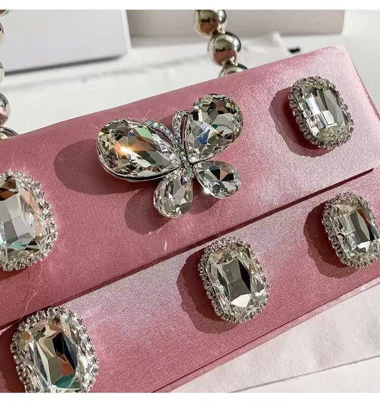 High Quality Satin Square Box Women Handbag Crystal Shiny Rhie Dia Evening Dinner Party Clutch Purse Messenger Bag