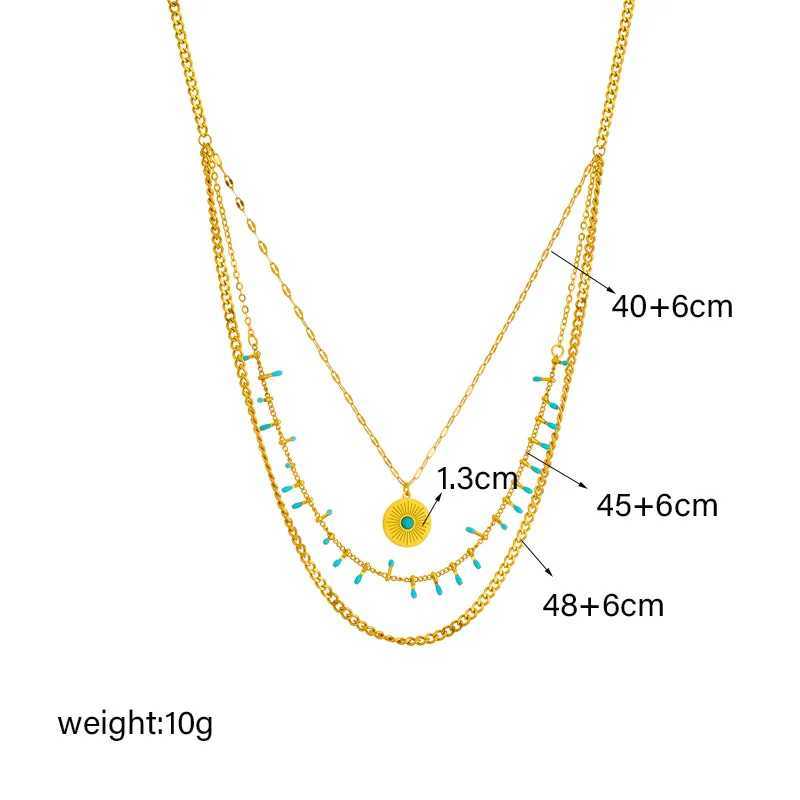 OIMG 316L Stainless Steel Gold Plated Retro Multilayer Turquoise Round Necklace For Women Girl Blue Evil Eyes Jewelry Rustproof Z250331