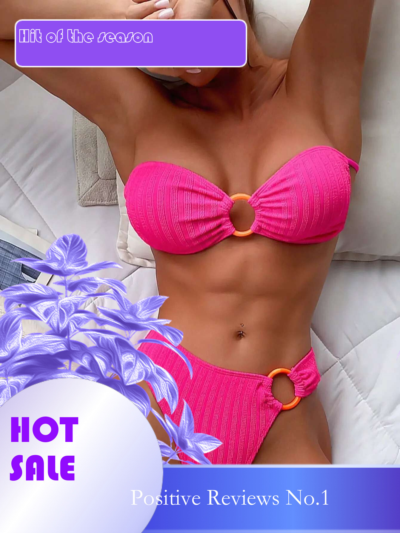 Dongdumaoyi Sexy Ring Linked Bikini Solid Hot Pink Bandeau Push Up Hollow Out High Waist Swimsuit Women Summer Bathing Suit Swimwear
