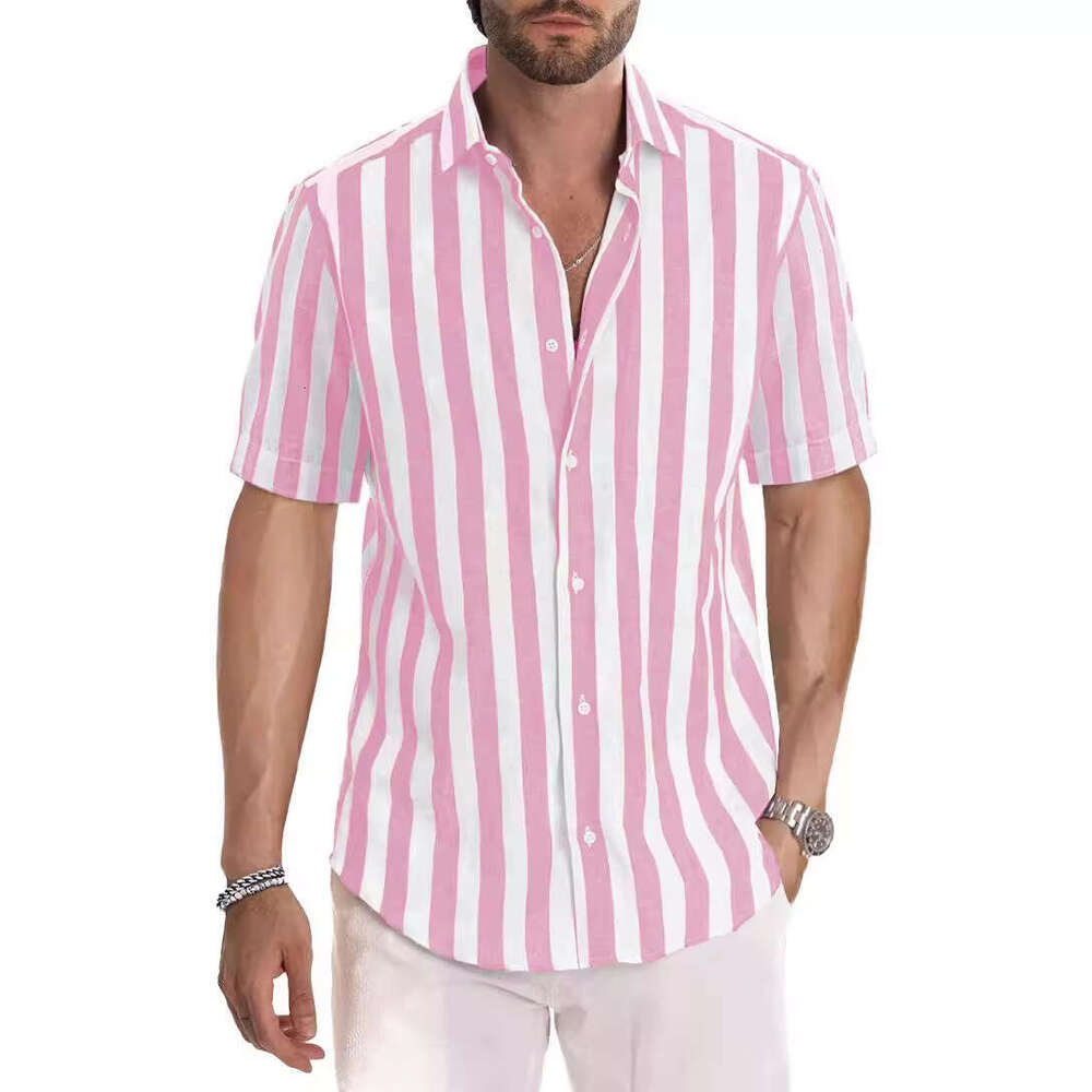 Ins Summer European and American Men's Beach Color Weaving Striped Collar Short Sleeve Shirt 2025 New Casual Fashion Trendy Clothing