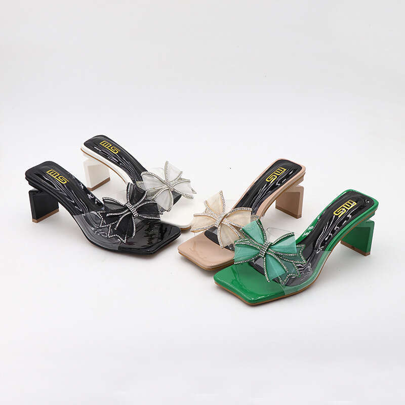 Heel Sandals Korean Version Summer New Coarse Heel Bow Semi Transparent Rhinestone Women S Shoes Wearing High Heels And Straight Sandals For Women