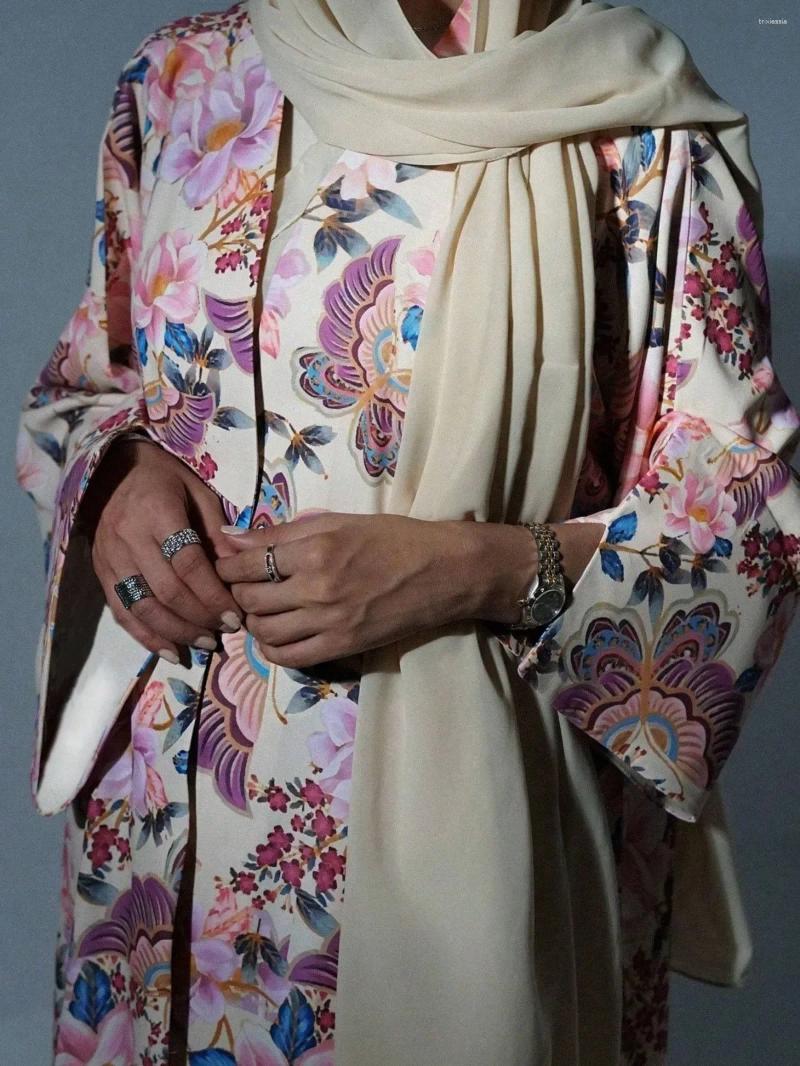 Ethnic Clothing Middle Eastern Women Loose Abaya Muslim Full Sleeve Printed Floral Open Front Abayas Jilbabs Islamic Maxi Dresses Turkey