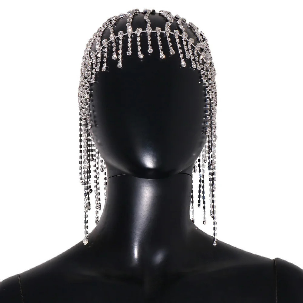 Fashion Style Full Rhinestone Inlay Fringe Mesh Hair Accessories Stage Catwalk Headwear250403