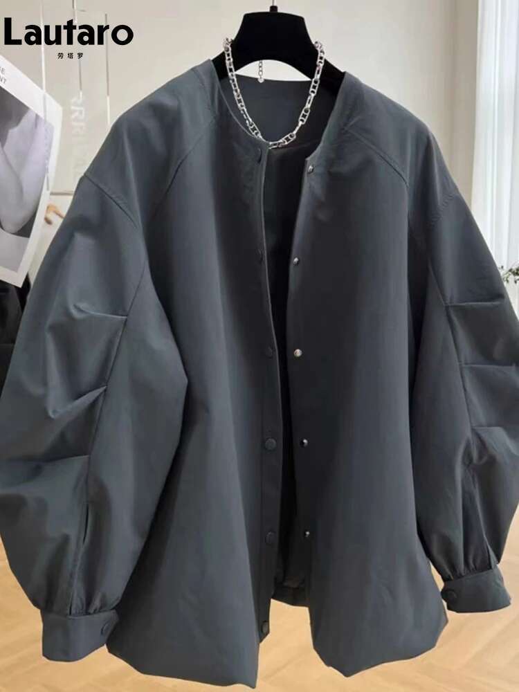 Lautaro Spring Autumn Elegant Chic Gray Jacket Women Long Sleeve Stand Collar Loose Designer Korean Style Clothing 2024